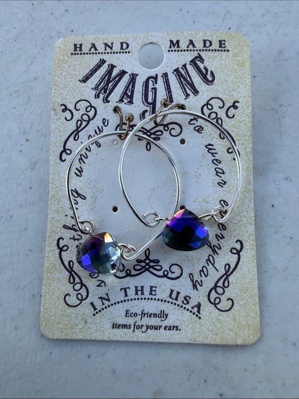 Handmade Silver Hoop Earrings with Iridescent Crystal Hearts
